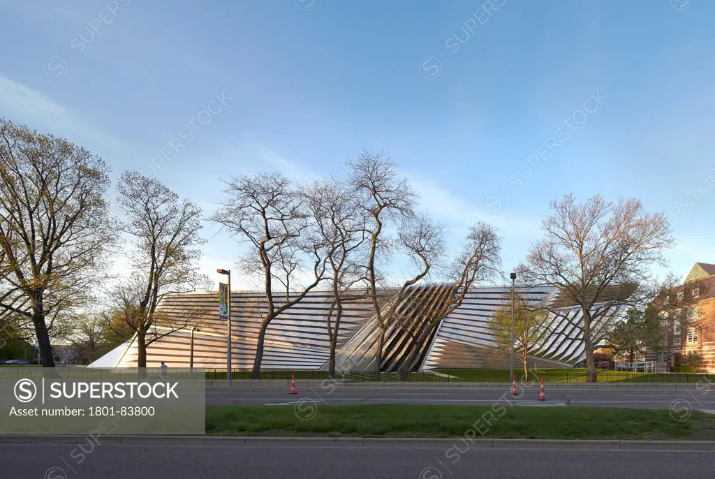 Eli & Edythe Broad Art Museum, Lansing, United States. Architect Zaha Hadid Architects, 2013. Elevation from street.