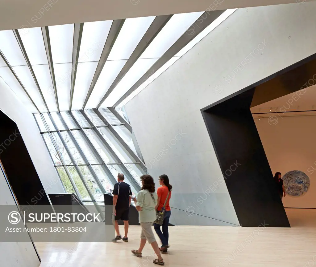 Eli & Edythe Broad Art Museum, Lansing, United States. Architect Zaha Hadid Architects, 2013. Gallery and circulation space with skylight.