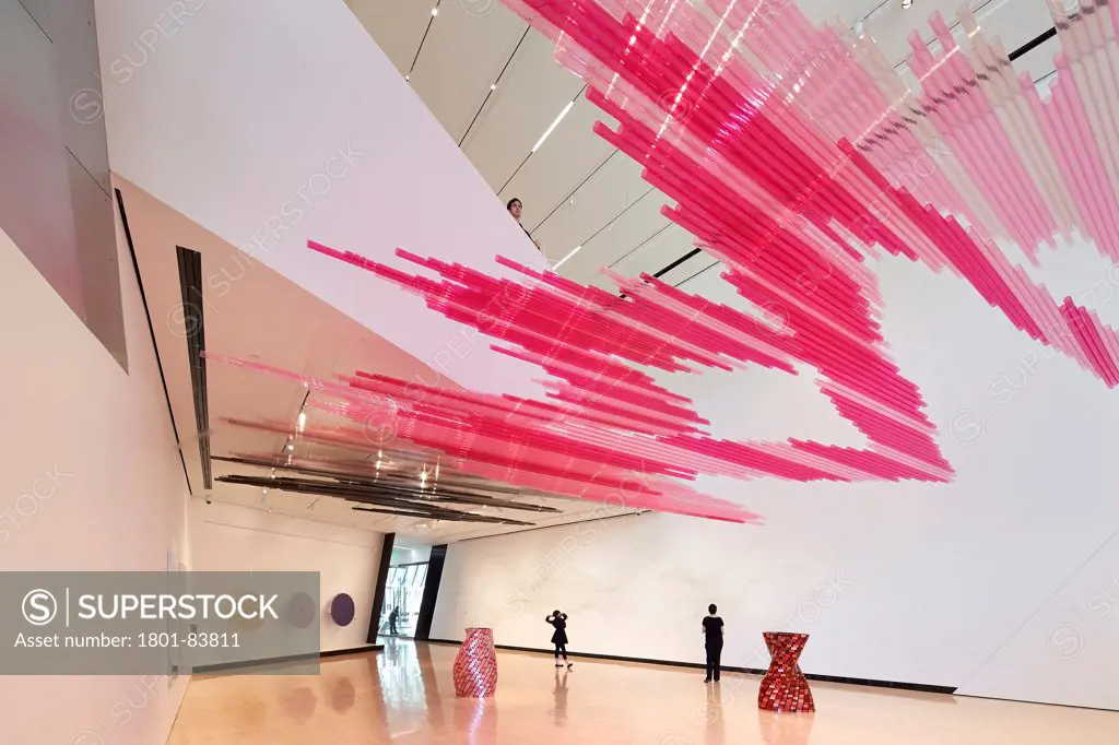 Eli & Edythe Broad Art Museum, Lansing, United States. Architect Zaha Hadid Architects, 2013. View into double-height gallery space with suspended sculpture.