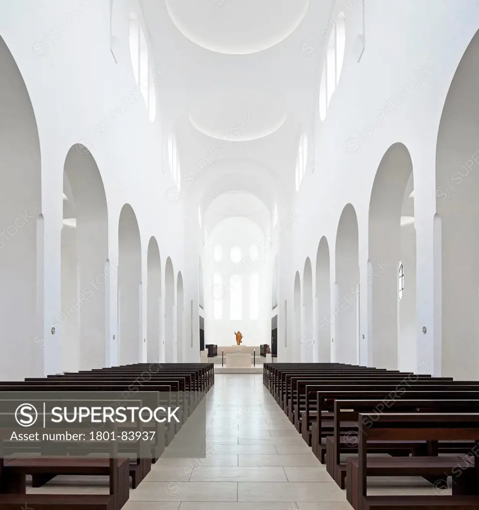 Moritzkirche, Augsburg, Germany. Architect John Pawson, 2013. Overall view from entrance to altar.