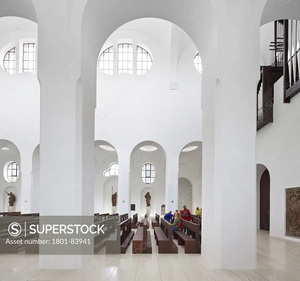 Moritzkirche, Augsburg, Germany. Architect John Pawson, 2013. View from side to main nave.