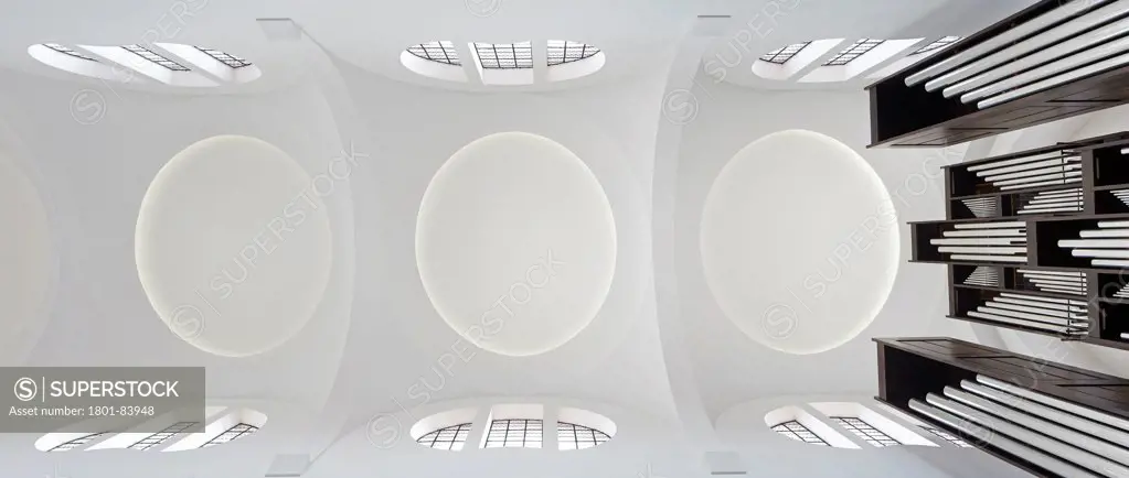 Moritzkirche, Augsburg, Germany. Architect John Pawson, 2013. Abstract of nave's ceiling with organ.