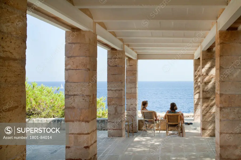 Can Lis, Mallorca, Spain. Architect Utzon, Jorn, 1971. Main terrace and view to sea.