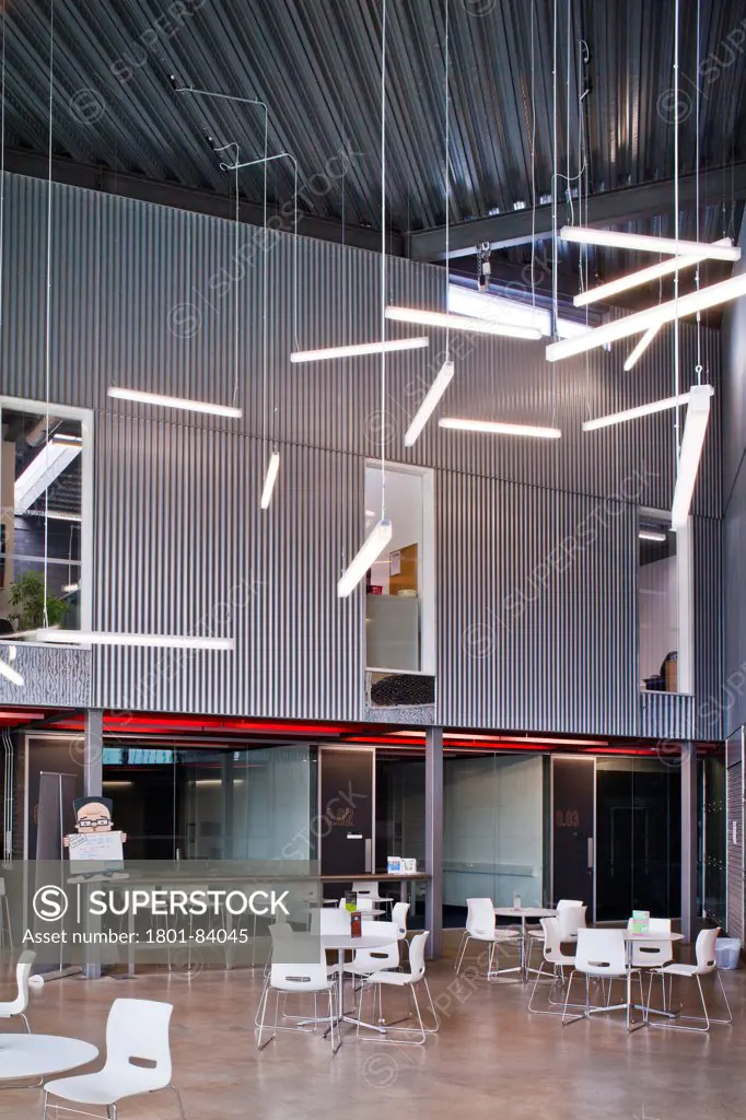 SOAR Works Enterprise Centre Sheffield, Sheffield, United Kingdom. Architect 00/, 2013. Atrium and cafe.