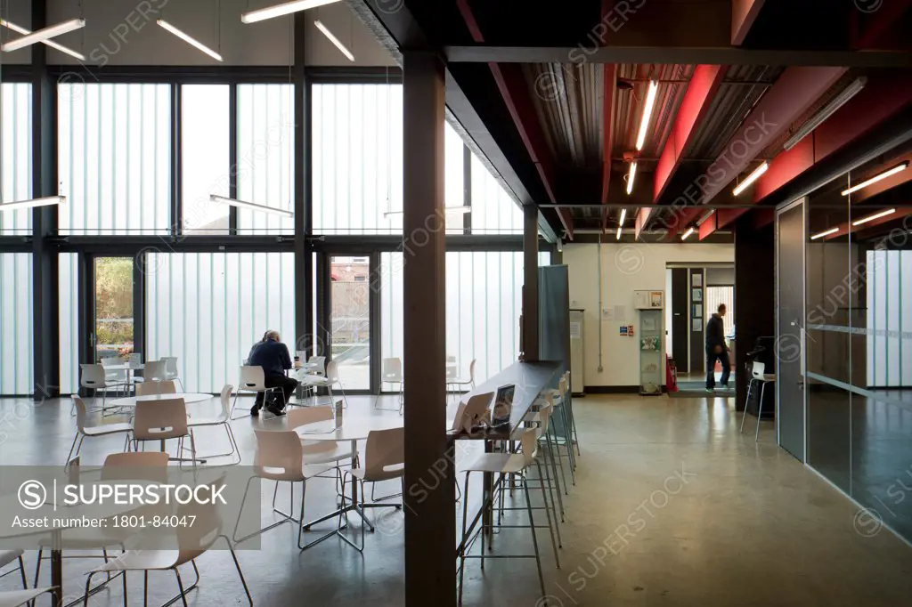 SOAR Works Enterprise Centre Sheffield, Sheffield, United Kingdom. Architect 00/, 2013. Cafe and reception in atrium area.