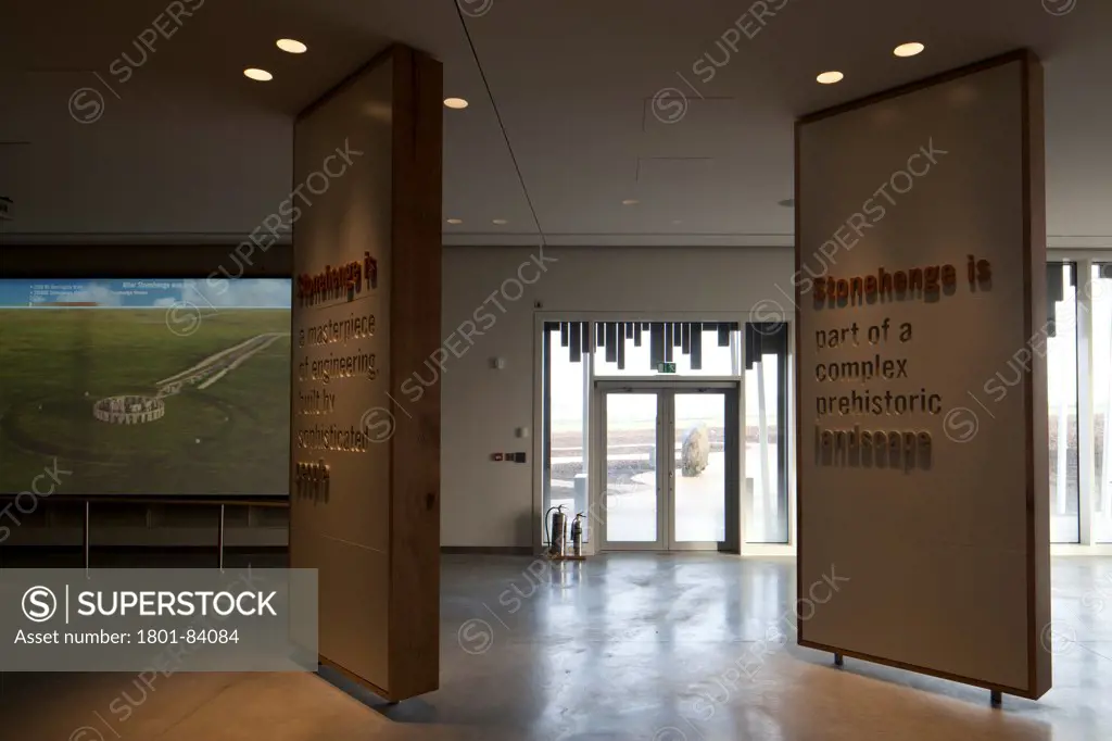 Stonehenge Visitor Centre, Amesbury, United Kingdom. Architect Denton Corker Marshall LLP, 2013. Interior of museum area.