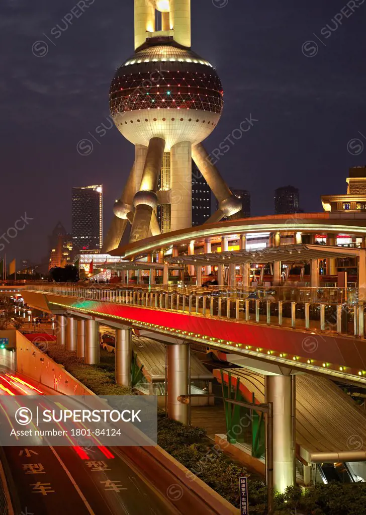 Shanghai, Shanghai, China. Architect various, 2013. Raised walkway Pudong and Oriental Pearl Tower.