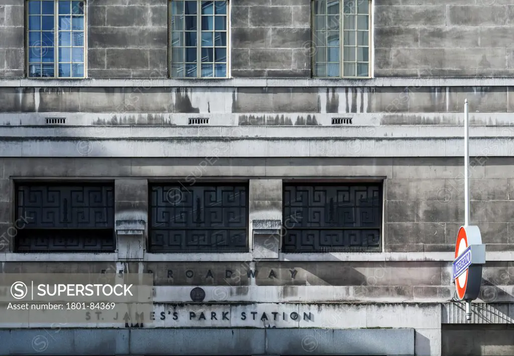 55 Broadway London Underground Headquarters, London, United Kingdom. Architect Charles Holden, 1929. Detail of the windows and modernist, art deco designs, street level facade with St Jame Park underground logo.