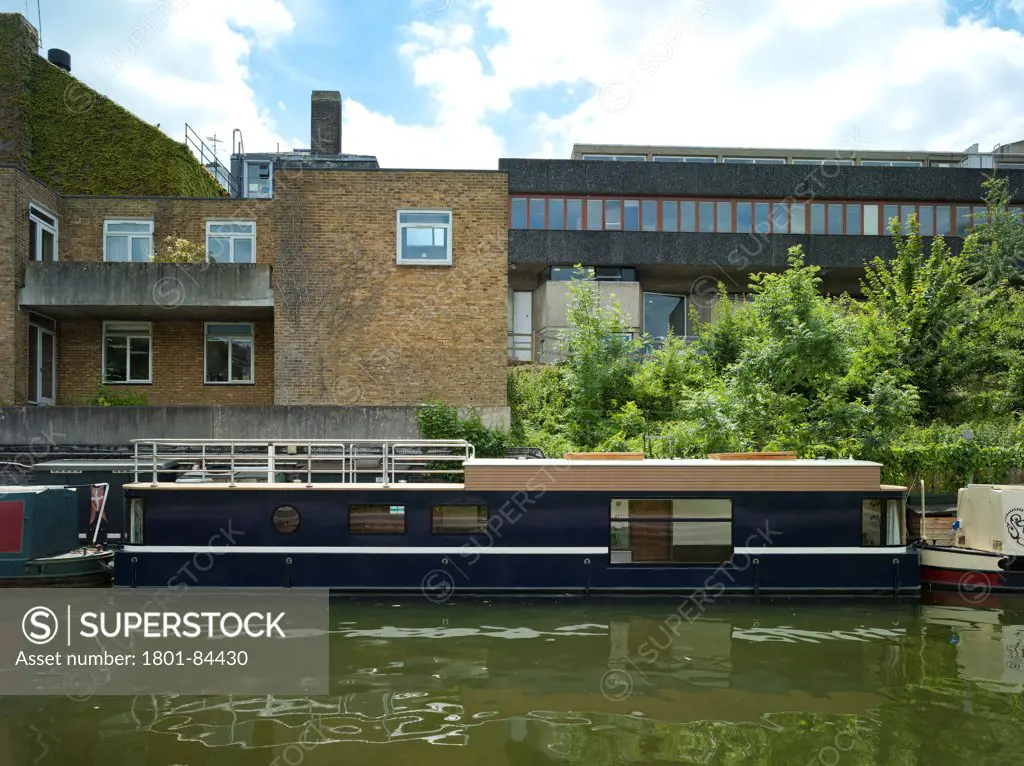 Narrowboat, London, United Kingdom. Architect Pete Young, 2013. Elevation of boat in canal.