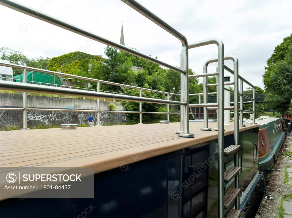 Narrowboat, London, United Kingdom. Architect Pete Young, 2013. Deck railing and context.