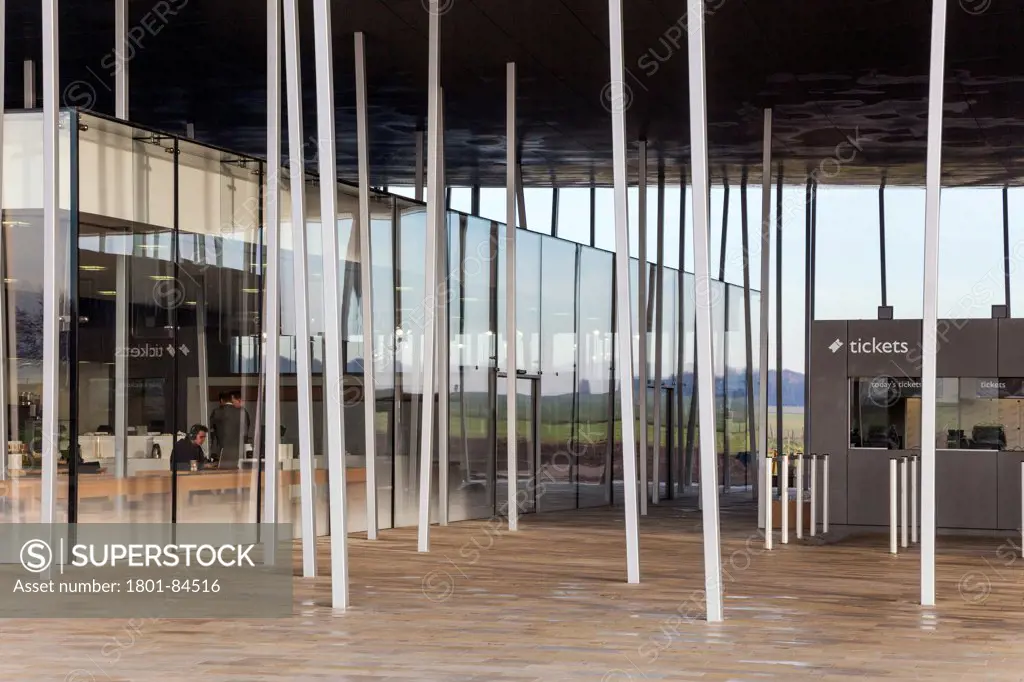 Stonehenge Visitor Centre, Amesbury, United Kingdom. Architect Denton Corker Marshall LLP, 2013. View towards cafe and ticket office.
