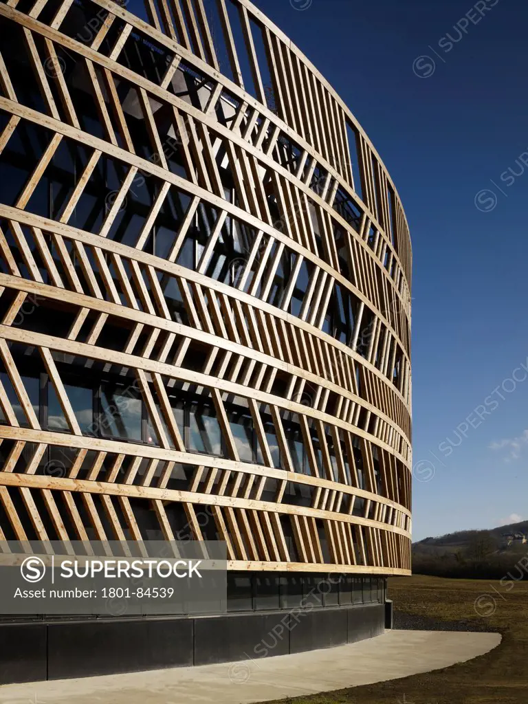 Alesia Museum, Alise-Sainte-Reine, France. Architect Bernard Tschumi Architects, 2012. Close-up of exterior timber herringbone cladding.