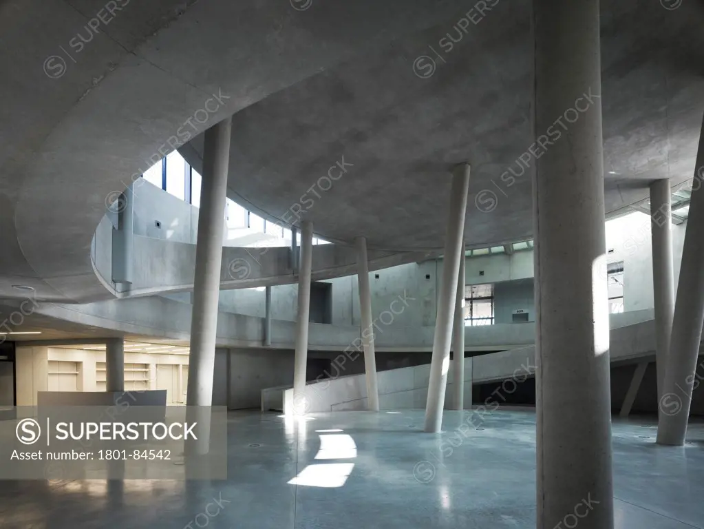 Alesia Museum, Alise-Sainte-Reine, France. Architect Bernard Tschumi Architects, 2012. Concrete entrance foyer with columns and ramp.
