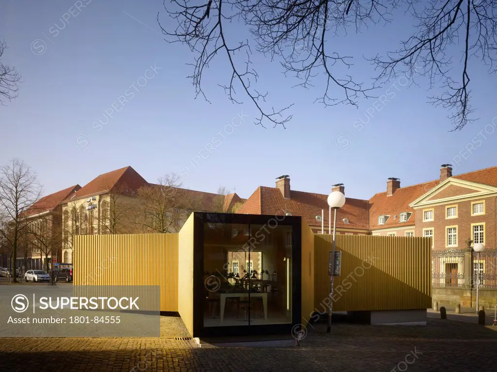Goldene Pracht Pavillon, Muenster, Germany. Architect modulorbeat, 2012. Cruciform concertina-like structure with full-height window.