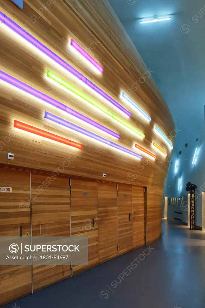 Space between timber-clad inner and outer shells with entrance to auditorium and coloured fluorescent lights, Popstage Mezz, Breda, The Netherlands (architect Erick van Egeraat, 2002)