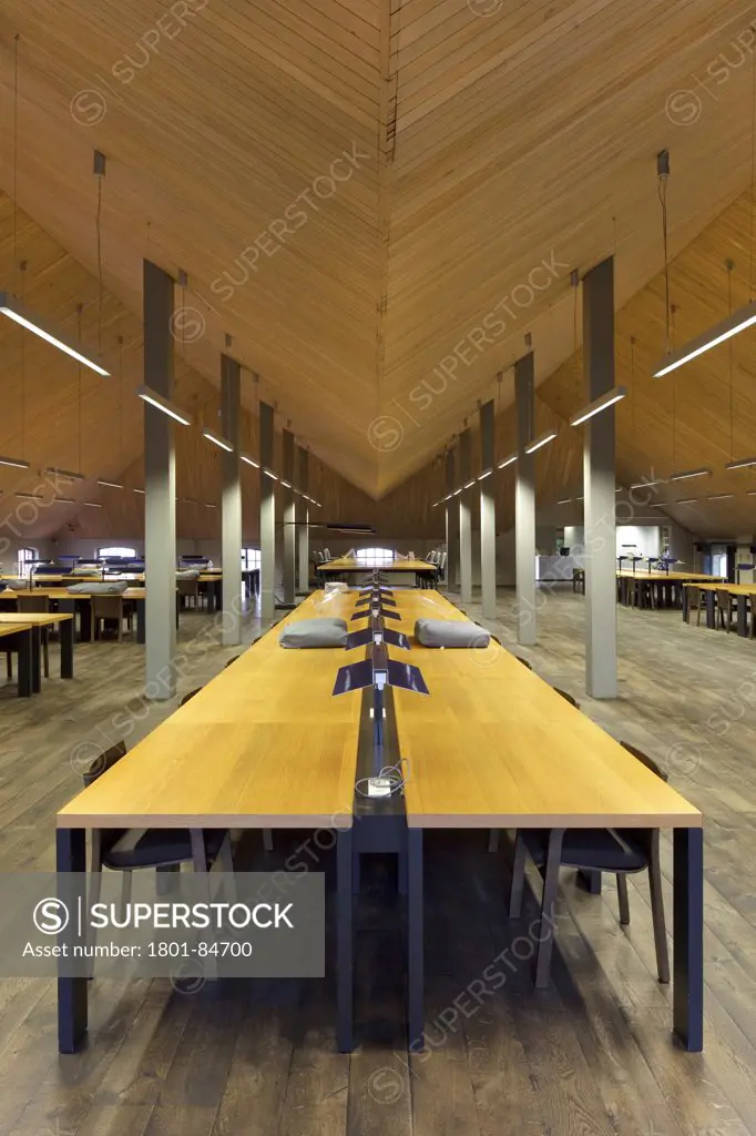 Table in reading room on top floor under oak roof, FelixArchief, Antwerp, Belgium&#xA,Architects Robbrecht en Daem, 2006