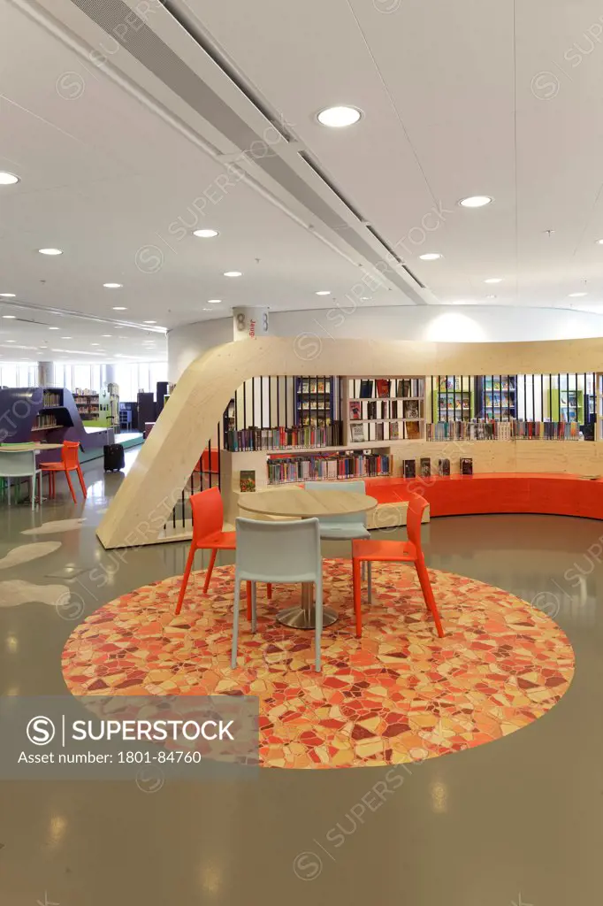 Table with circular rug in library
