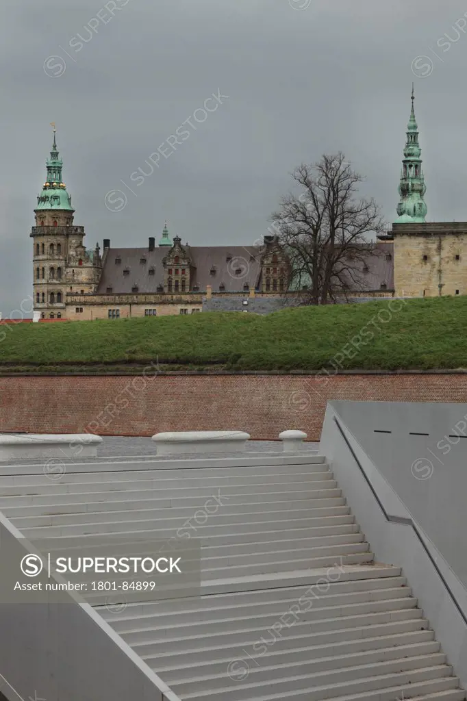 Exterior staircase down to dry dock with Kronborg Castle in distance