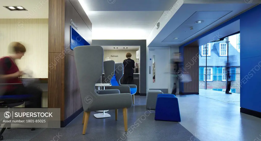 Royal College of Nursing, London, United Kingdom. Architect Bisset Adams, 2013. View through entrance area of the office floor with drop-in work space.