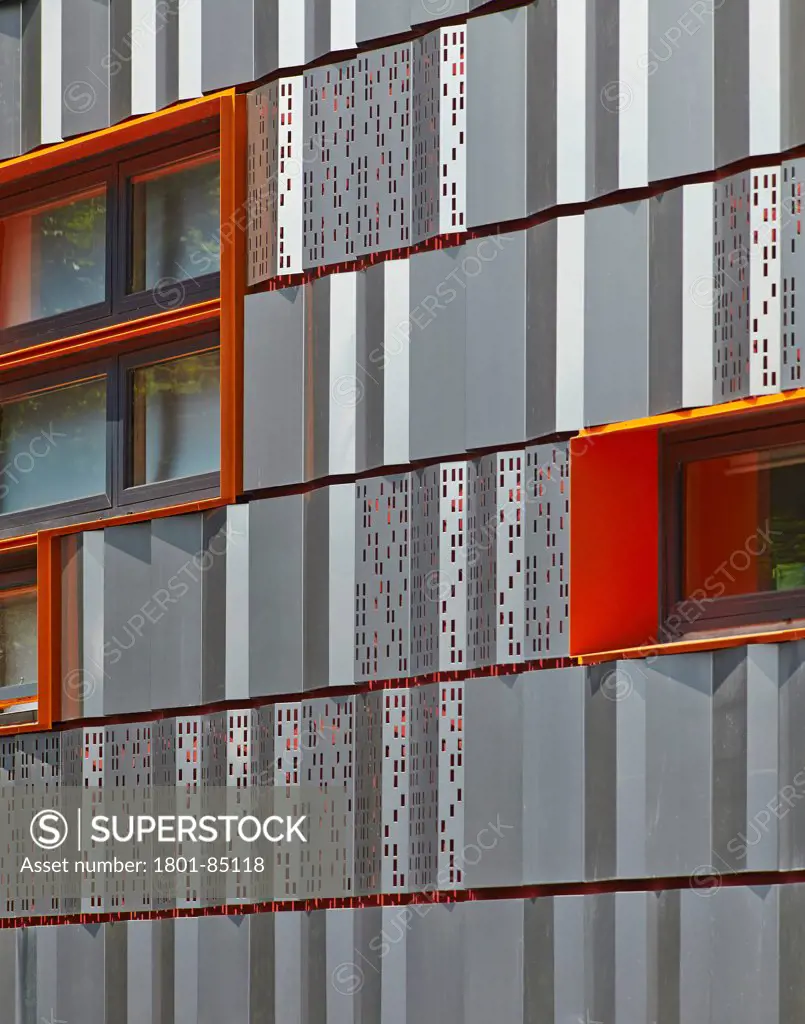 The Livity School, London, United Kingdom. Architect Haverstock Associates LLP, 2013. Detail of stainless steel cladding.
