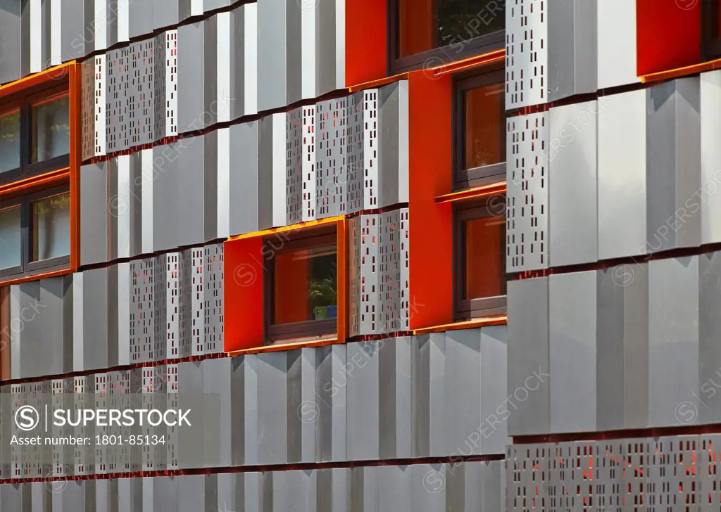 The Livity School, London, United Kingdom. Architect Haverstock Associates LLP, 2013. Detail of stainless steel cladding.