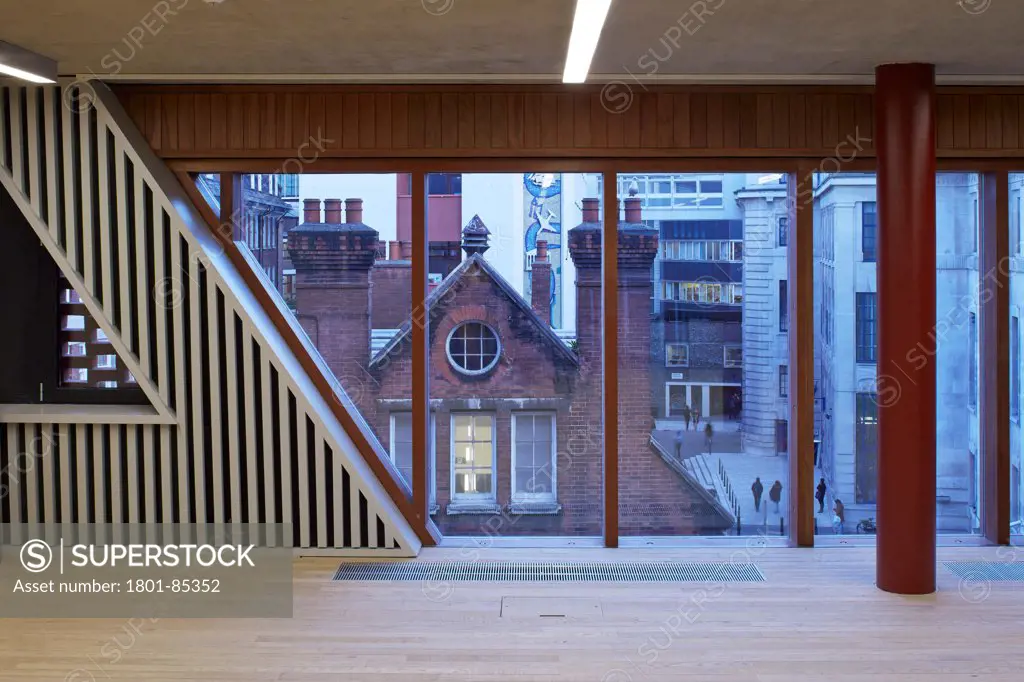 London School of Economics,Saw Swee Hock Students Centre, London, United Kingdom. Architect O'Donnell & Tuomey, 2014. View through from upper floor to surrounding buildings.
