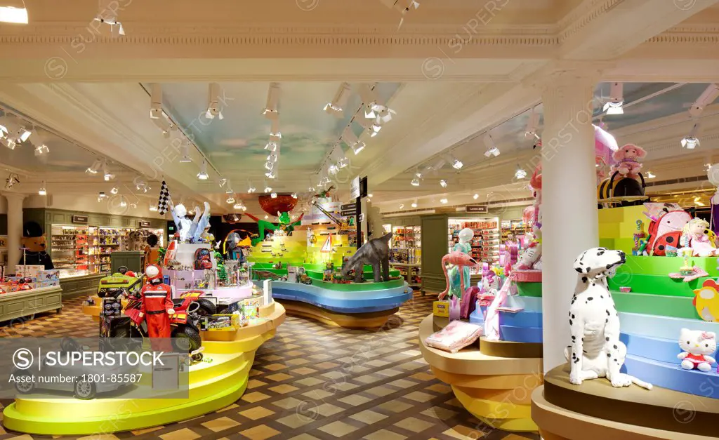 Harrods Children's Department, London, United Kingdom. Architect Shed, 2012. Brightly coloured step shelving.