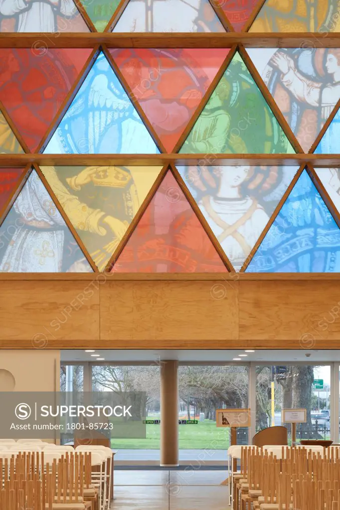 Transitional Cathedral, Cardboard Cathedral, Christchurch, New Zealand. Architect Shigeru Ban, 2013. Entrance and window design.