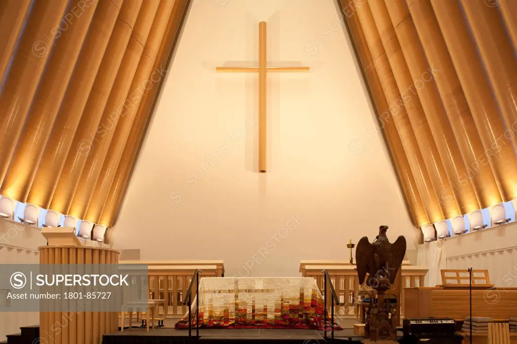 Transitional Cathedral, Cardboard Cathedral, Christchurch, New Zealand. Architect Shigeru Ban, 2013. Altar in the evening.