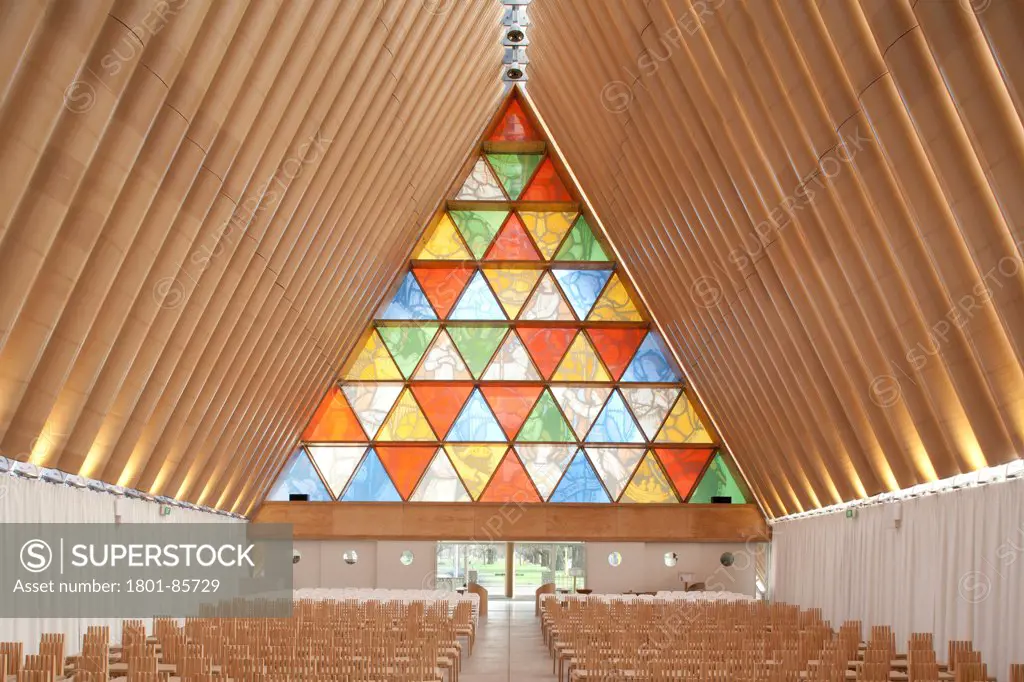 Transitional Cathedral, Cardboard Cathedral, Christchurch, New Zealand. Architect Shigeru Ban, 2013. Interior and trinity window.
