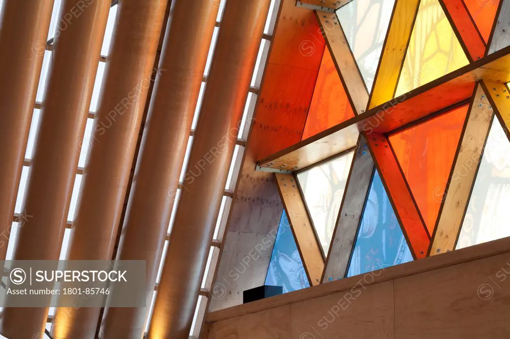 Transitional Cathedral, Cardboard Cathedral, Christchurch, New Zealand. Architect Shigeru Ban, 2013. Trinity window and cardboard detail.