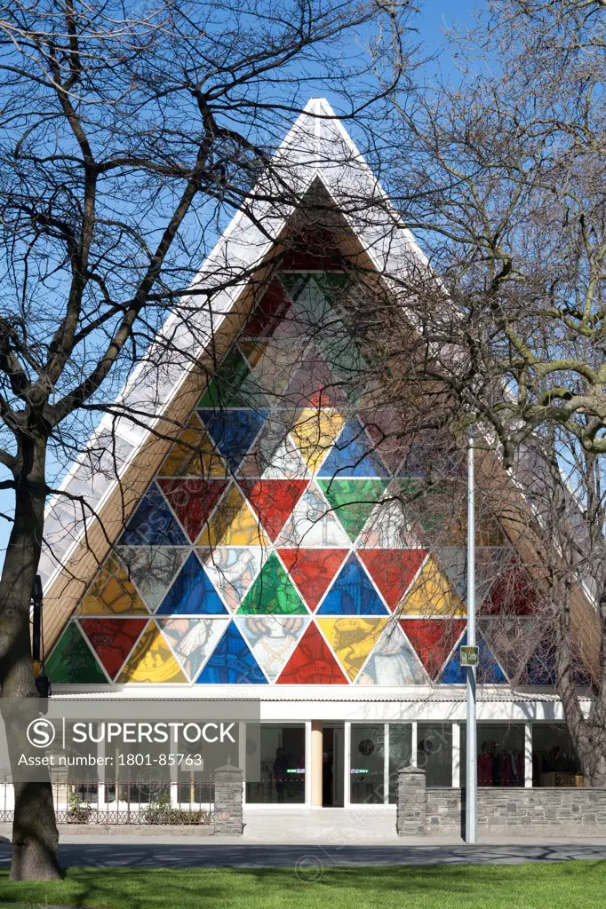 Transitional Cathedral, Cardboard Cathedral, Christchurch, New Zealand. Architect Shigeru Ban, 2013. Cathedral entrance from Latimer Square.