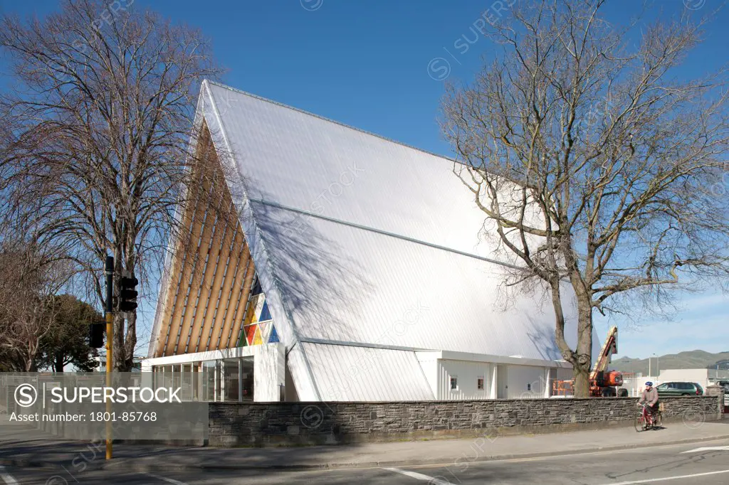 Transitional Cathedral, Cardboard Cathedral, Christchurch, New Zealand. Architect Shigeru Ban, 2013. Side view from Madras Street.