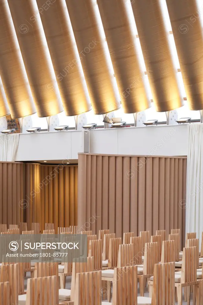 Transitional Cathedral, Cardboard Cathedral, Christchurch, New Zealand. Architect Shigeru Ban, 2013. View towards side chapel.
