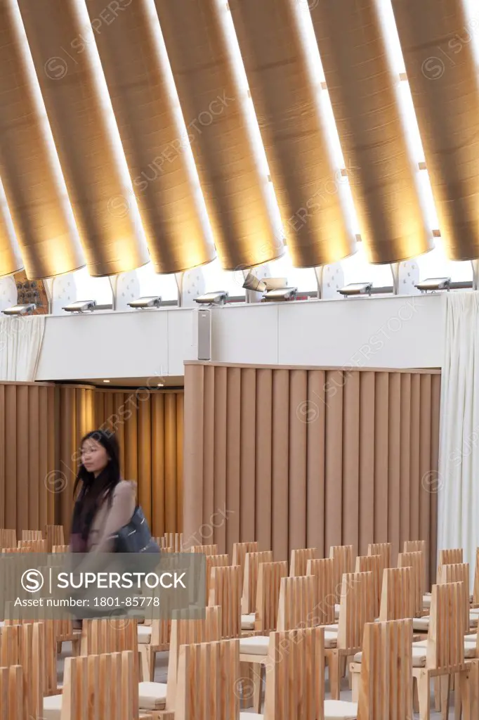 Transitional Cathedral, Cardboard Cathedral, Christchurch, New Zealand. Architect Shigeru Ban, 2013. Visitor and side chapel.