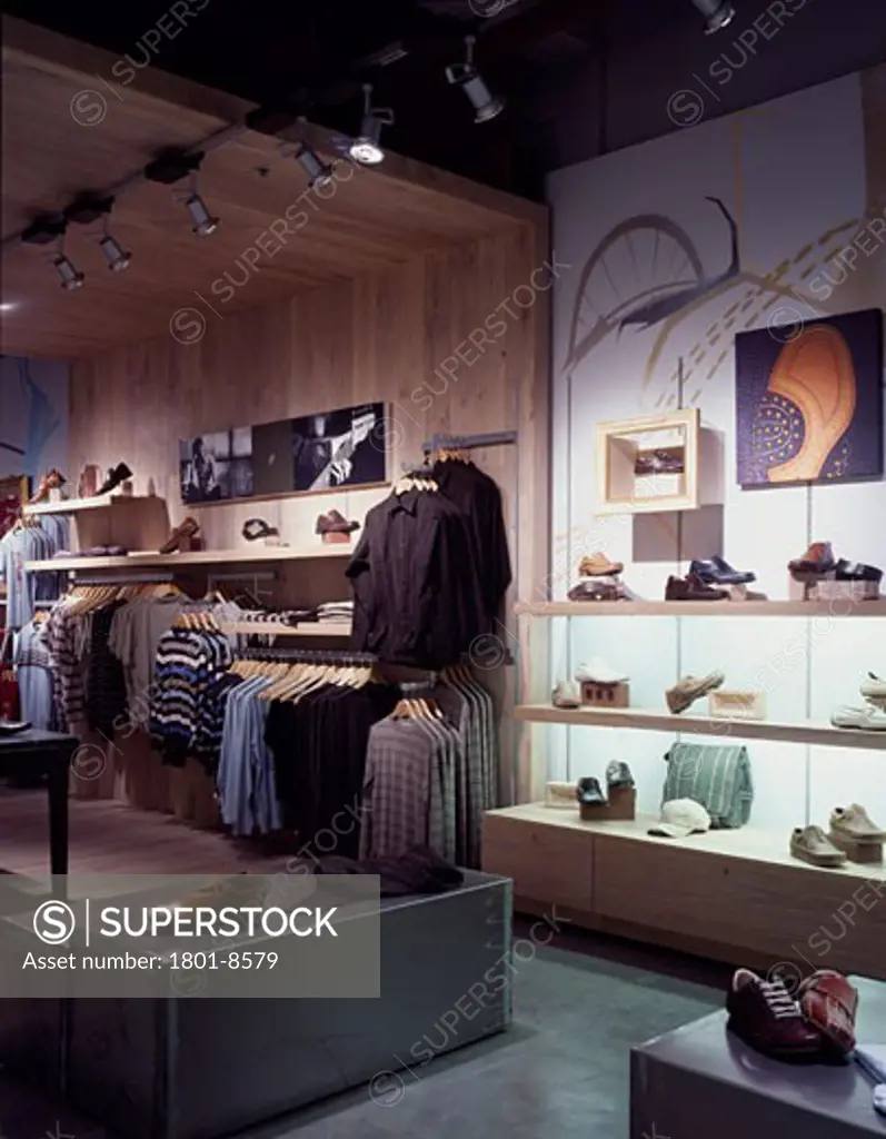 KICKERS STORE, METRO CENTRE, NEWCASTLE UPON TYNE, TYNE AND WEAR, UNITED KINGDOM, SHOES TO TIMBER WALL, DALZIEL AND POW