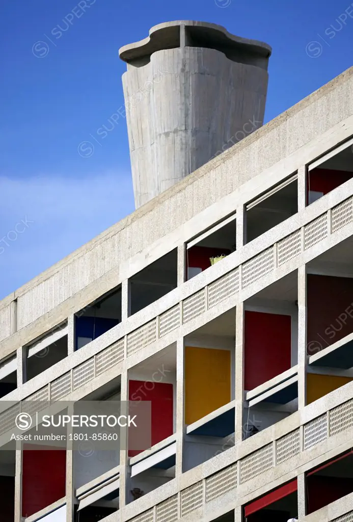 Unite D'habitation, Marseille, France. Architect Le Corbusier, 1952. Detail view showing colorful balconies and rooftop Ventilation shafts.