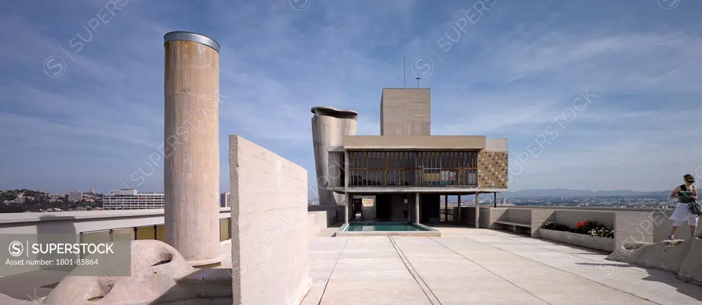 Unite D'habitation, Marseille, France. Architect Le Corbusier, 1952. Panoramic rooftop view.