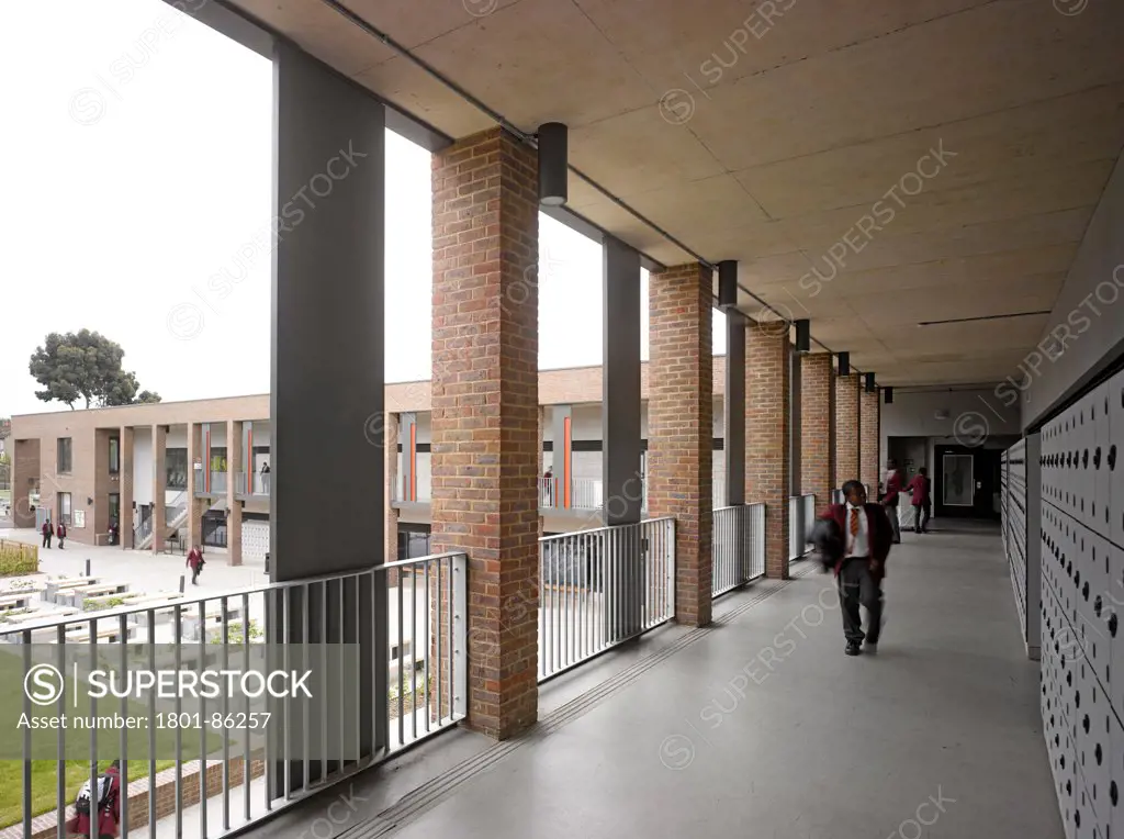 St Thomas the Apostle College, London, United Kingdom. Architect Allies and Morrison, 2013. Corridor on upper level.