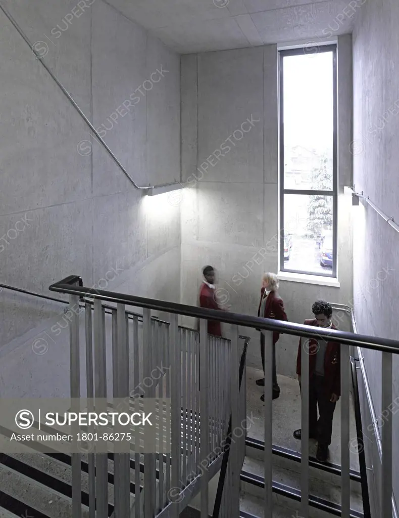 St Thomas the Apostle College, London, United Kingdom. Architect Allies and Morrison, 2013. Stairwell with students.