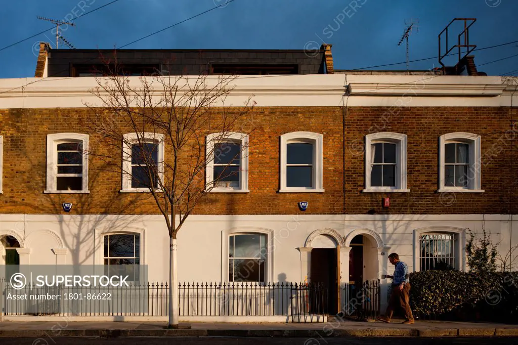 House on Faroe Road, London, United Kingdom. Architect Paul+o architects, 2012. Front elevation within conservation area.