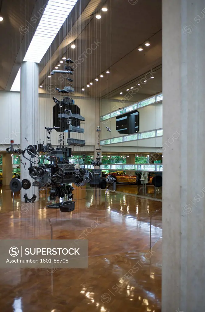 Cummins Diesel Headquarters, Columbus, United States. Architect Kevin Roche, 1983. Interior of Cummins Diesel Headquarters with 'exploded' engine sculpture.
