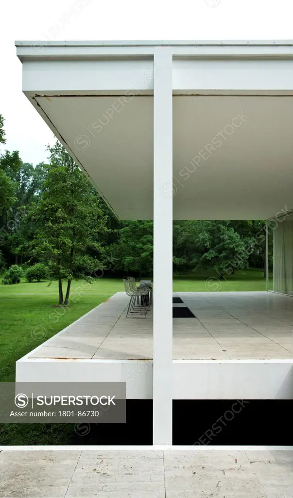 Farnsworth House, Plano, United States. Architect Ludwig Mies van der Rohe, 1951. Detailed view of Farnsworth House terrace.