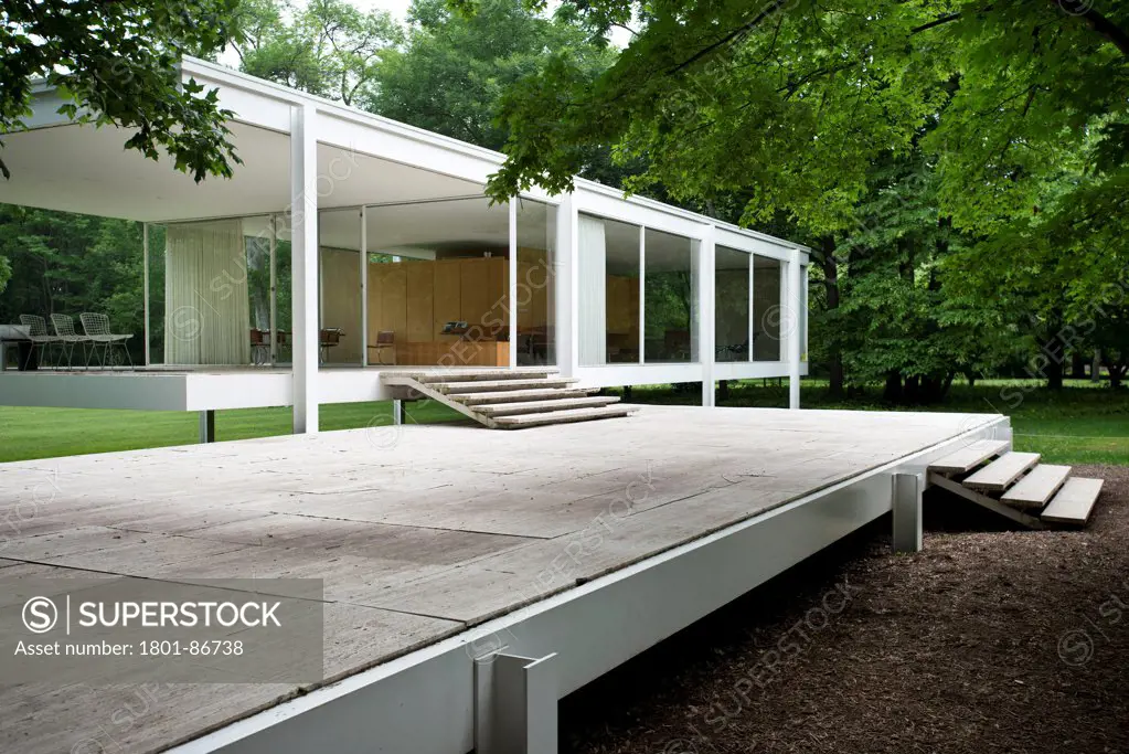 Farnsworth House, Plano, United States. Architect Ludwig Mies van der Rohe, 1951. Farnsworth House with floating terrace in perspective.