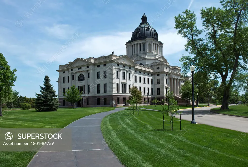 Capitol Building, Pierre, South Dakota, Pierre, United States. Architect C.E. Bell & M.S. Detwiler, 1910. Exterior view of Capitol Building with approach.