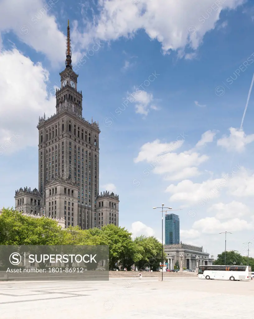 Warsaw Cityscape, Warsaw, Poland. Architect Various, 2013. Morning view of the Stalinist Palace of Culture as seen from Parade Square.