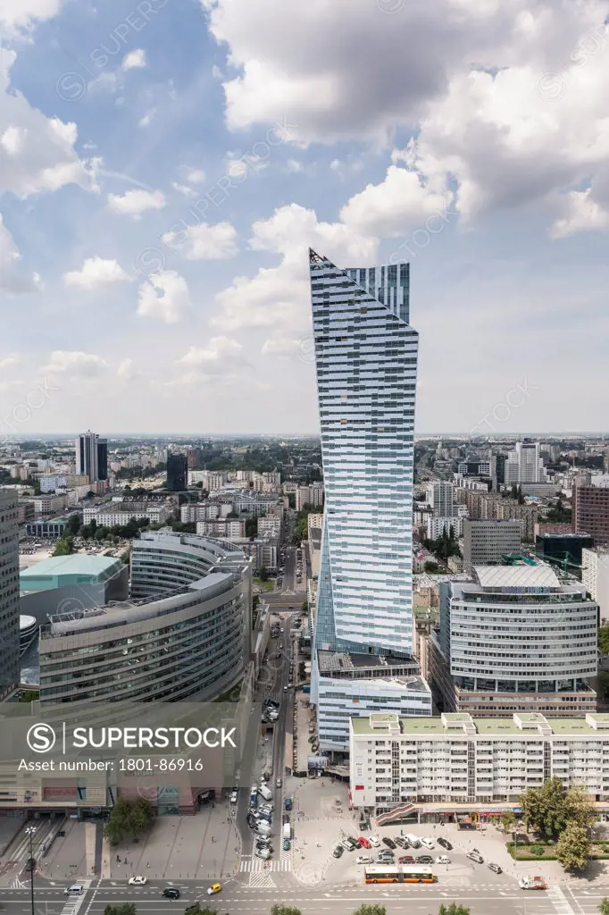 Warsaw Cityscape, Warsaw, Poland. Architect Various, 2013. City view with Libeskind's iconic Zlota 44 tower.