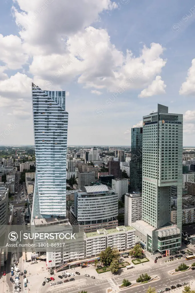 Warsaw Cityscape, Warsaw, Poland. Architect Various, 2013. City view with Libeskind's iconic Zlota 44 tower.