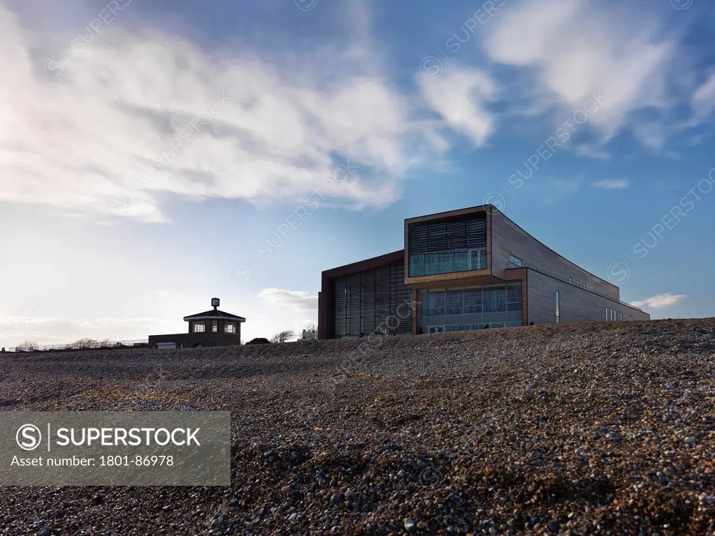 Splashpoint Leisure Centre, Worthing, United Kingdom. Architect Wilkinson Eyre Architects, 2013. South facing seaside facade.