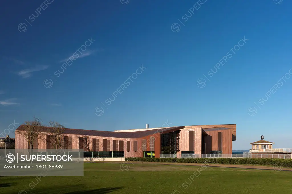 Splashpoint Leisure Centre, Worthing, United Kingdom. Architect Wilkinson Eyre Architects, 2013. West facing facade.
